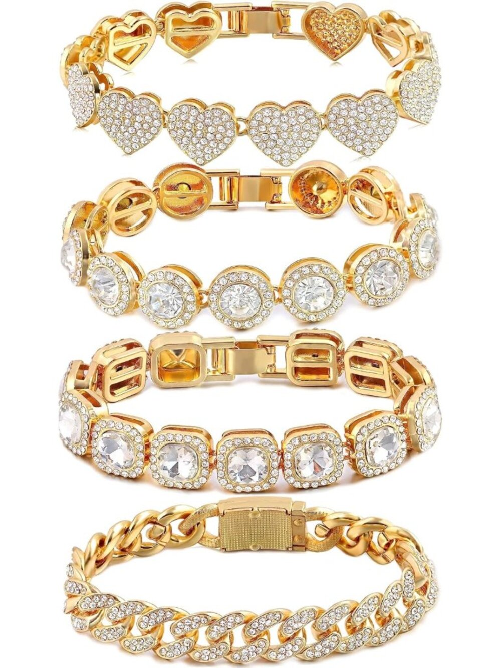 4PCS Gold & Silver Layered Bracelets Set for Women - Tennis, Heart, Diamond